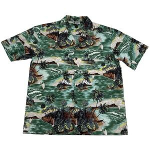 Aloha Republic Men XL Hawaiian Shirt Green Tropical Island Palm Tree Made in USA